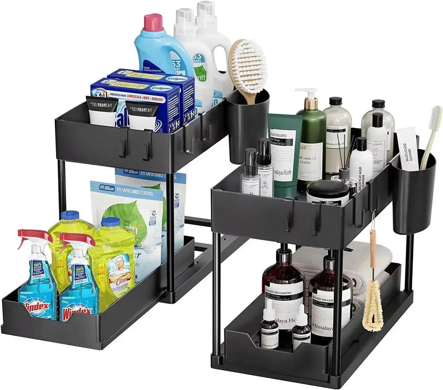 2 Tier Organizer, Sliding Cabinet Basket Organizer Rack with Hooks