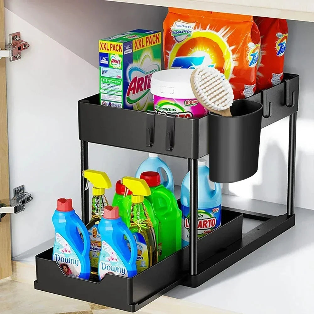 2 Tier Organizer, Sliding Cabinet Basket Organizer Rack with Hooks